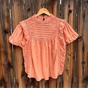 Free People La Femme Orange Ruffled Short Sleeve Mock Neck Tee, Women’s Medium